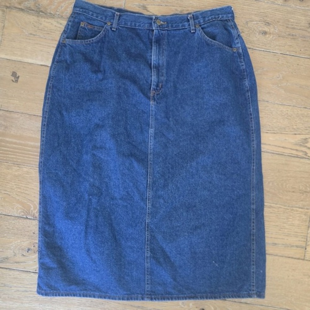 Vintage Chic Skirt Womens 24 Blue Jean Dark Wash High‎ Waisted Midi Zipper Back